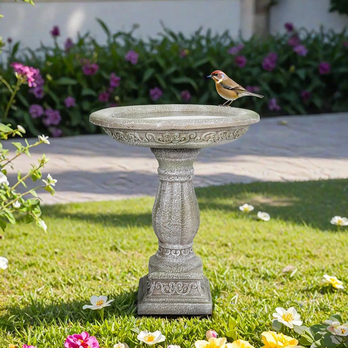 Outdoor Birdbath With Neoclassical Carved Pedestal In Fibre Concrete