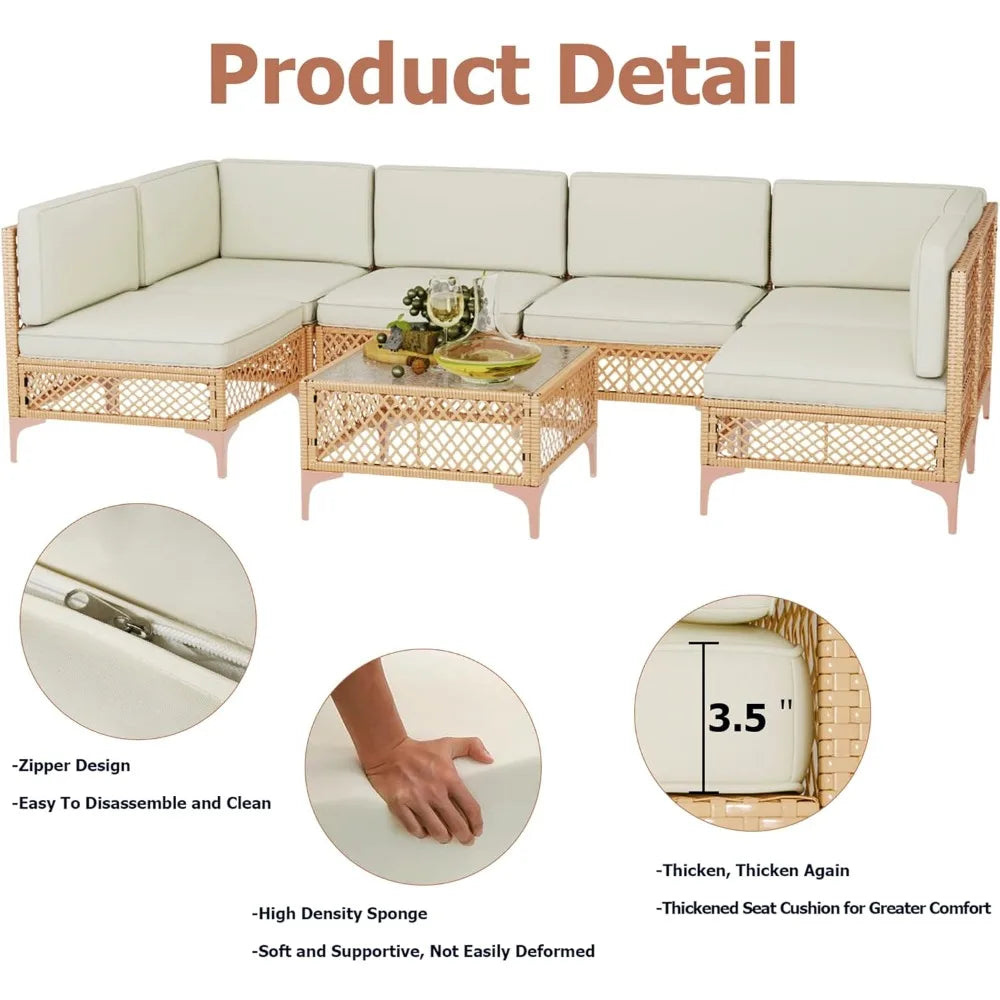 Outdoor Wicker Patio Furniture Set with Boho Sectional Sofa and Glass Coffee Table