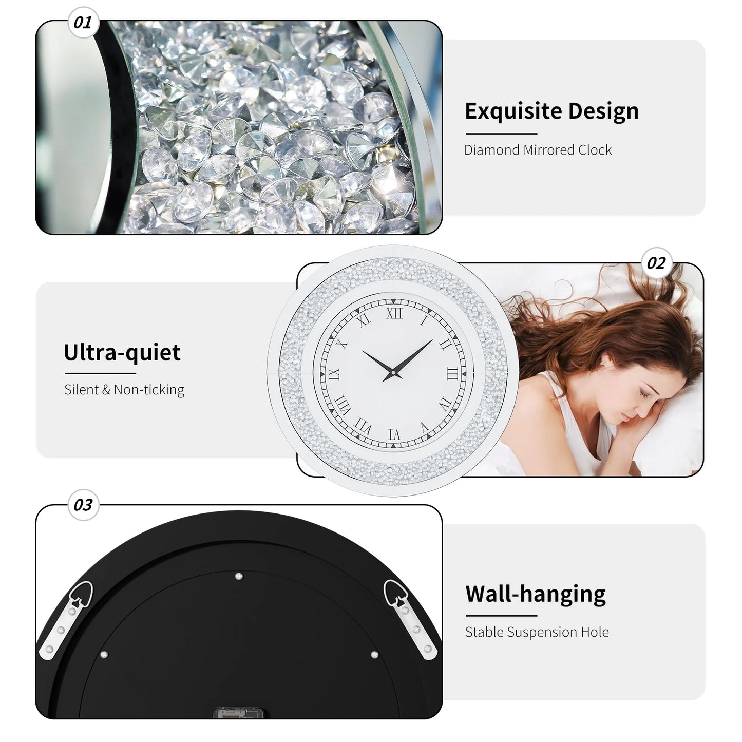Round Mirrored Wall Clock With Crystal Sparkle Diamond Accents For Living Room