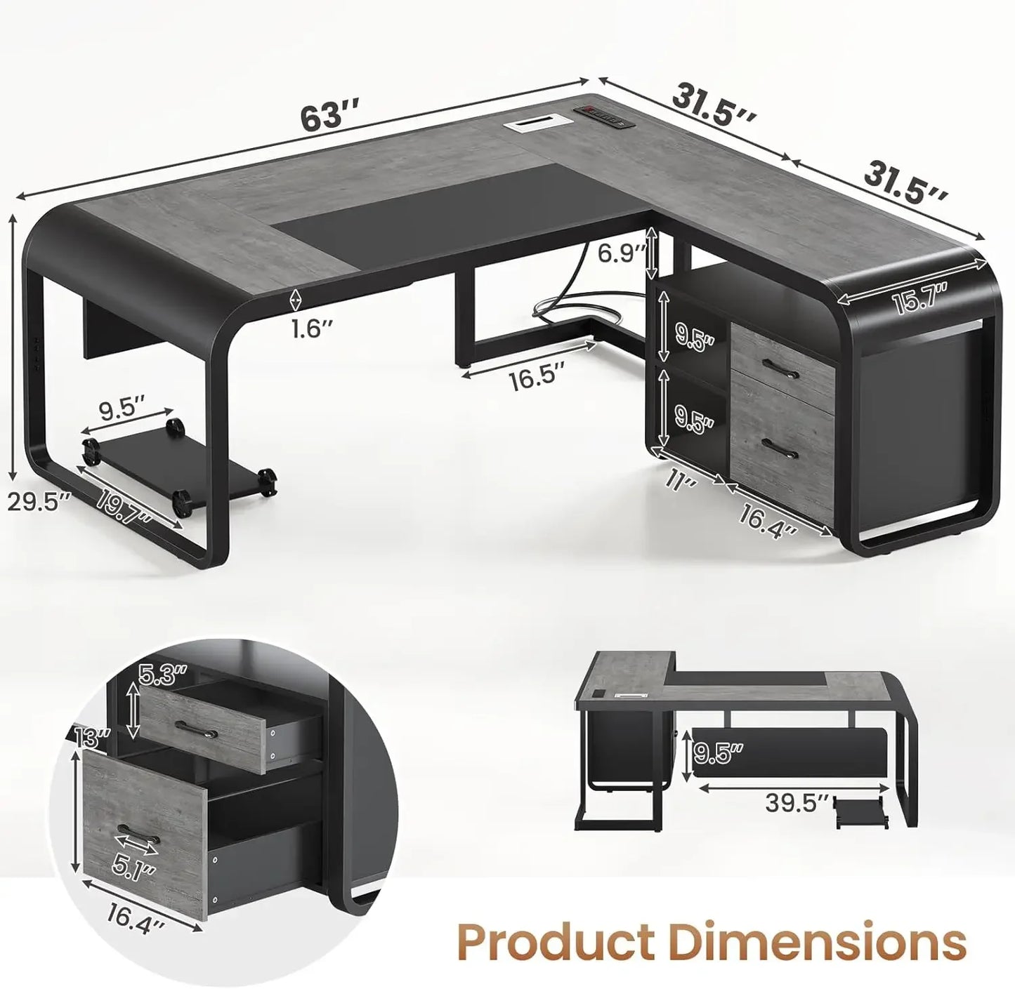 XMSJ L Shaped Executive Desk With Drawers Office Desk