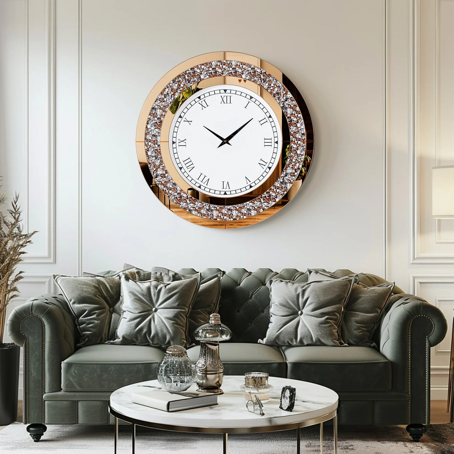 Round Mirrored Wall Clock With Crystal Sparkle Diamond Accents For Living Room
