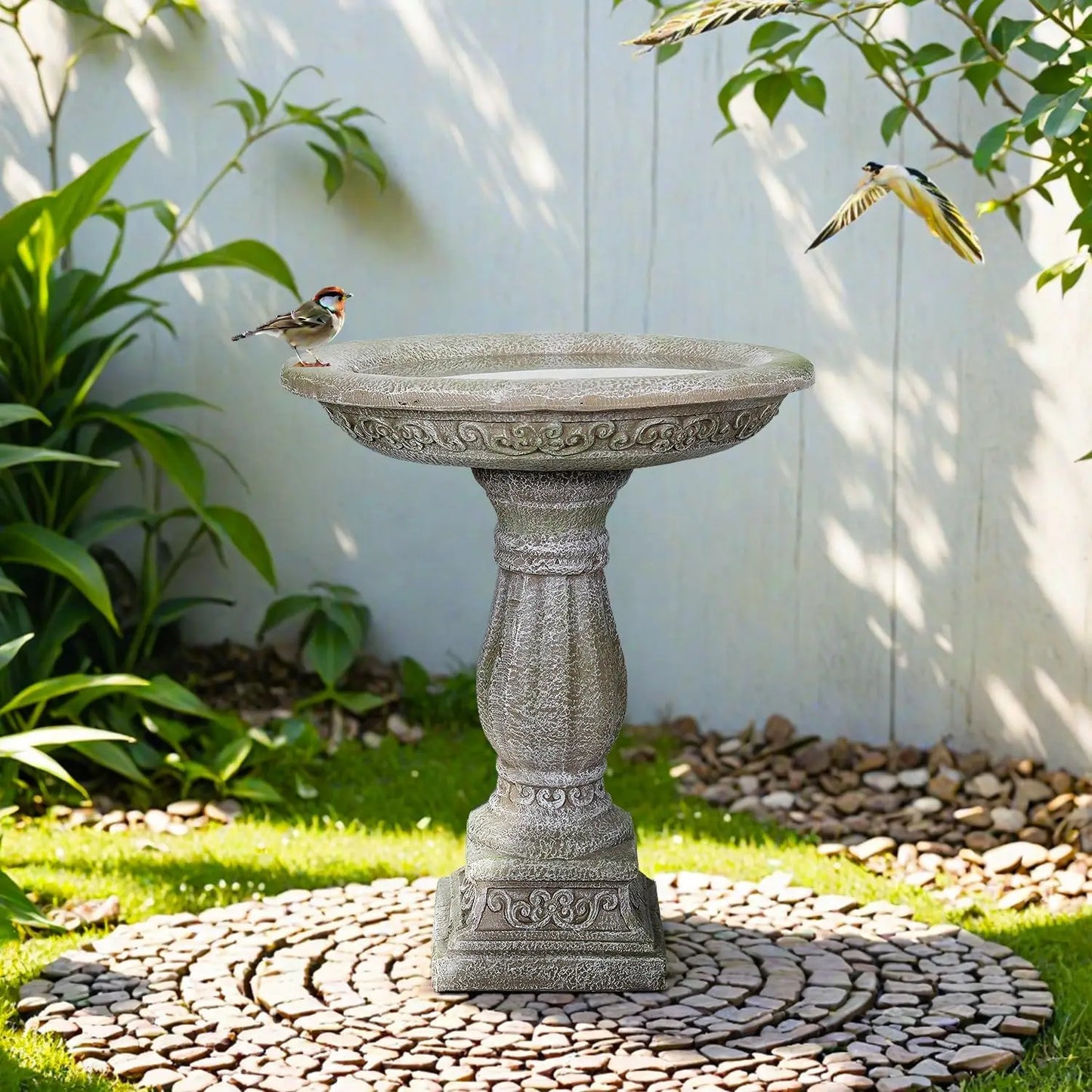 Outdoor Birdbath With Neoclassical Carved Pedestal In Fibre Concrete
