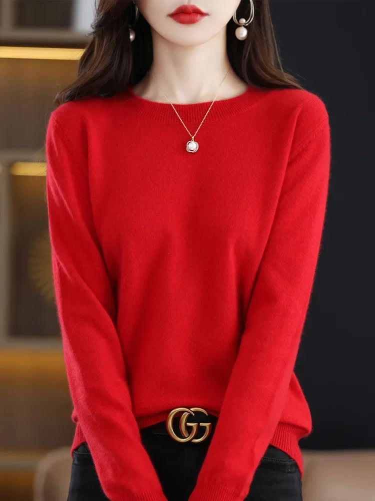Addonee Merino Wool Women O Neck Sweater Long Sleeve