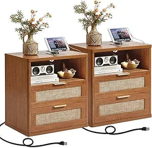 MKDK Rattan Nightstands Set Of 2 With Charger Station