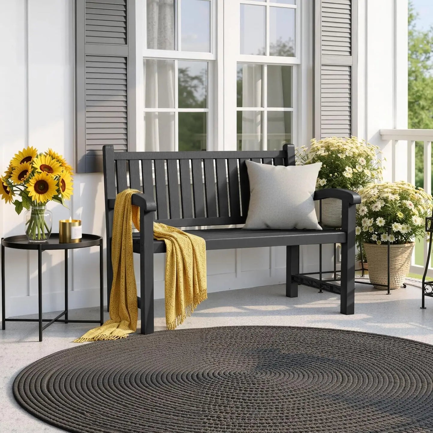 ROJIK Outdoor Bench Two Person Patio Chair Waterproof Resin Slatted