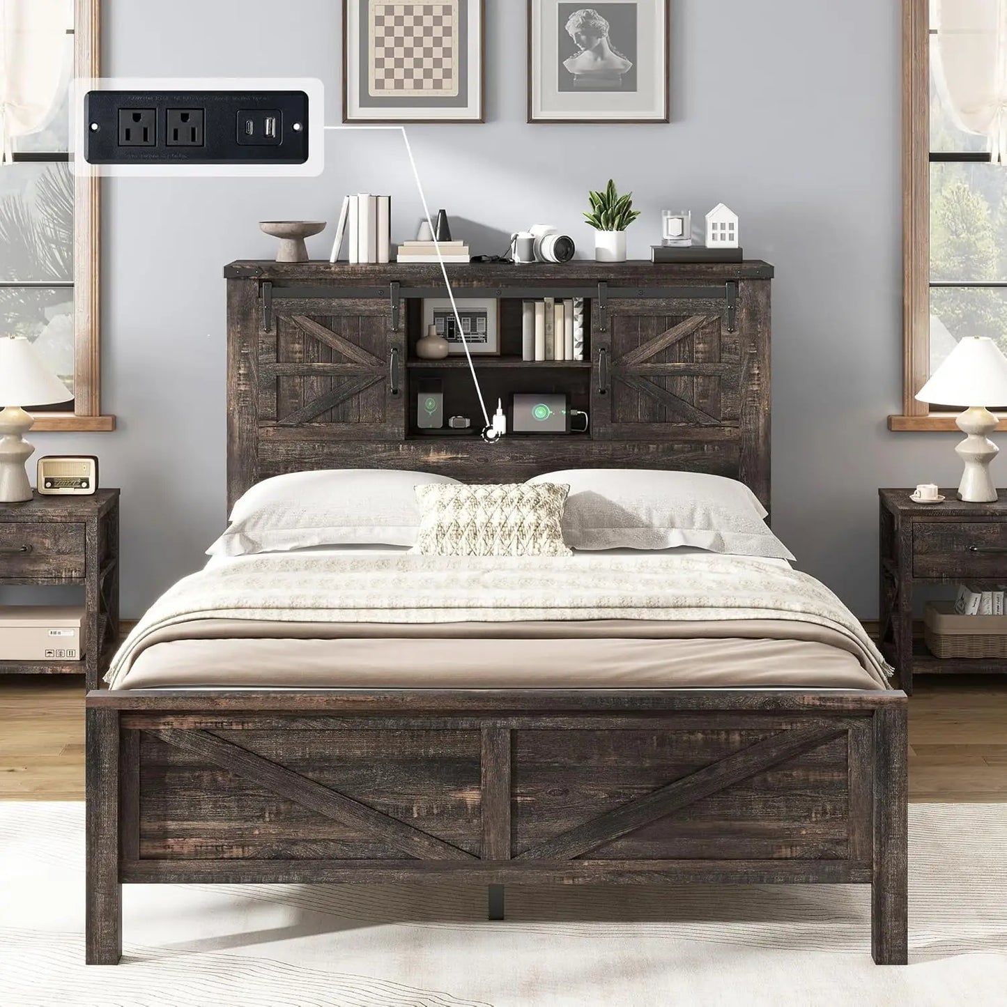 Full Storage Bed Frame With Charging Station And Bookcase