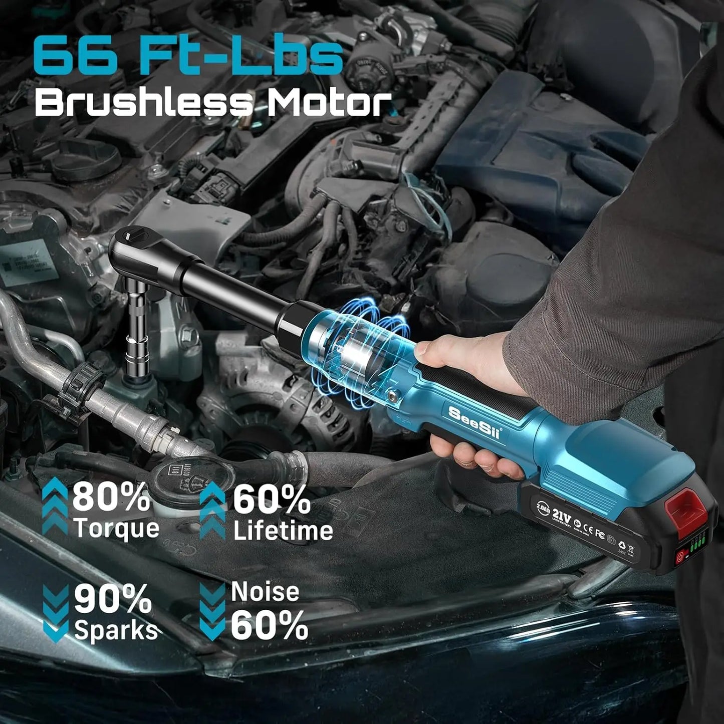 Seesii 21V Cordless Electric Wrench 80Nm Torque Rechargeable Ratchet