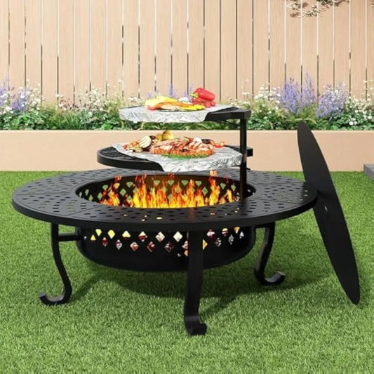 Outdoor Fire Pit Table With Grill For Backyard Patio