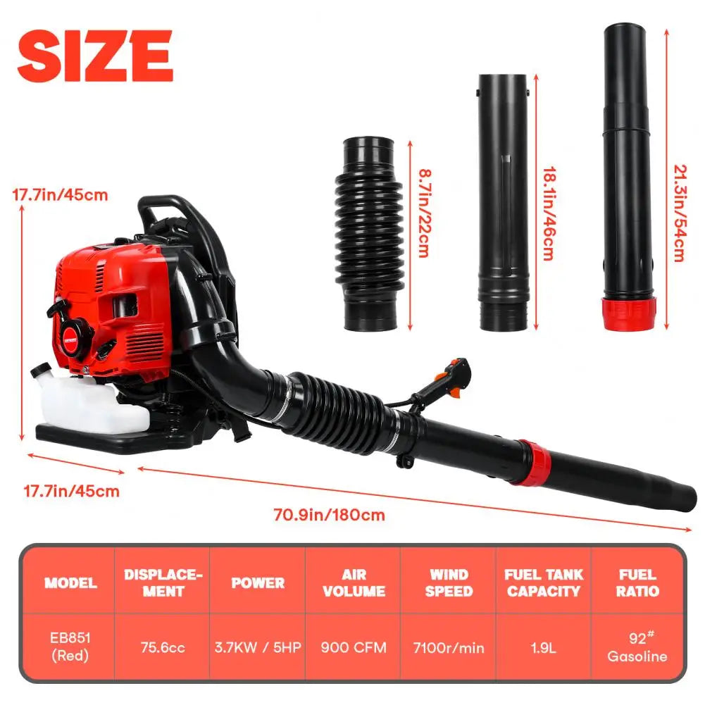 Micborve Backpack Leaf Blower 75.6CC 4 Stroke Gas 900CFM