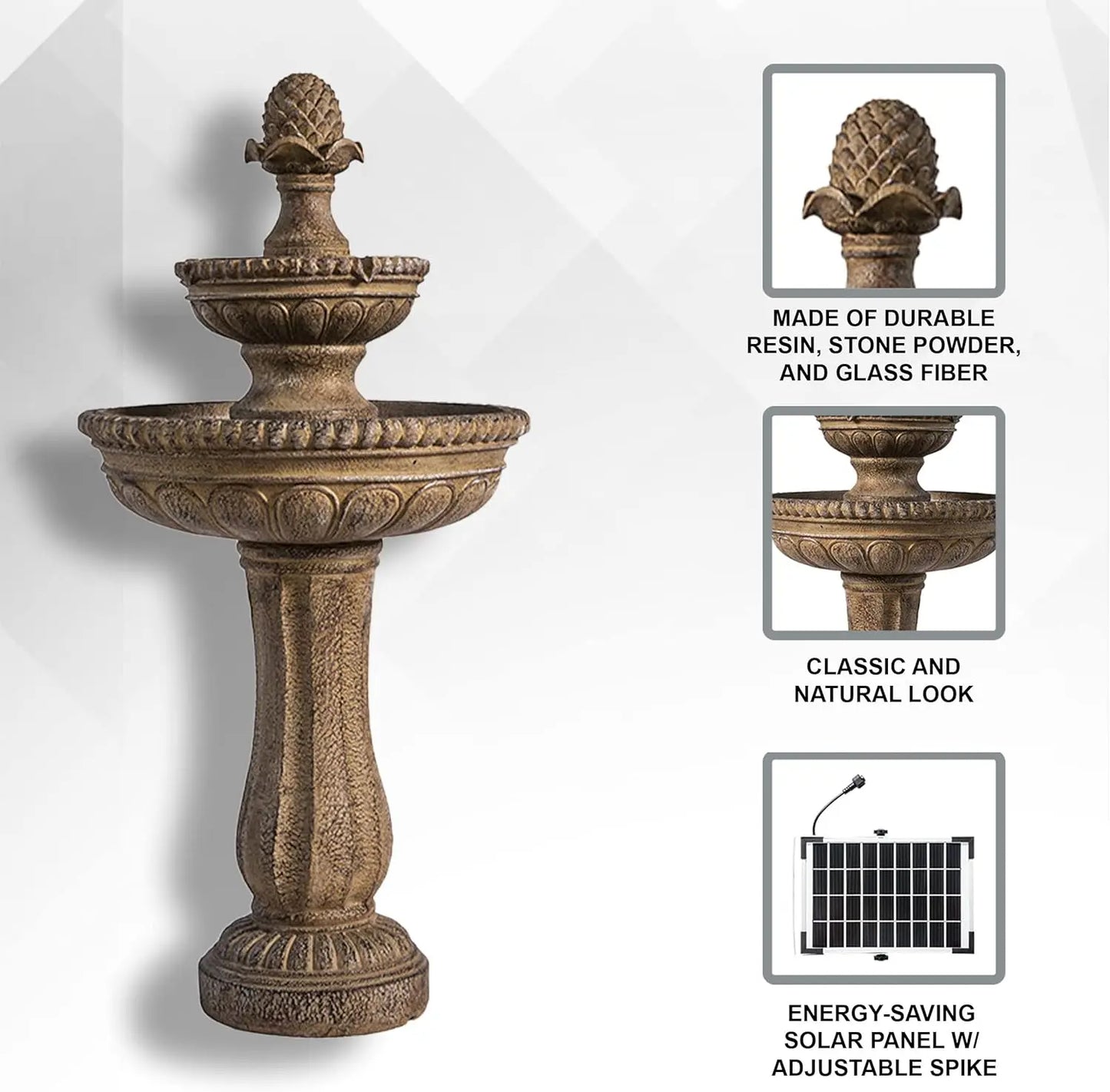 Solar Powered Two Tier Outdoor Water Fountain Sand Stone Resin
