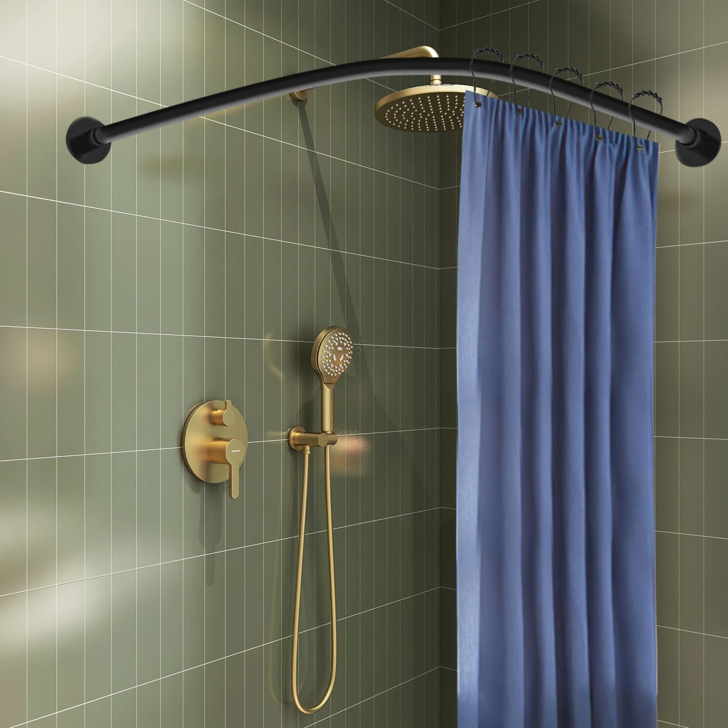 Stainless Steel L Shape Telescopic Shower Curtain Rail No Drilling With Rings