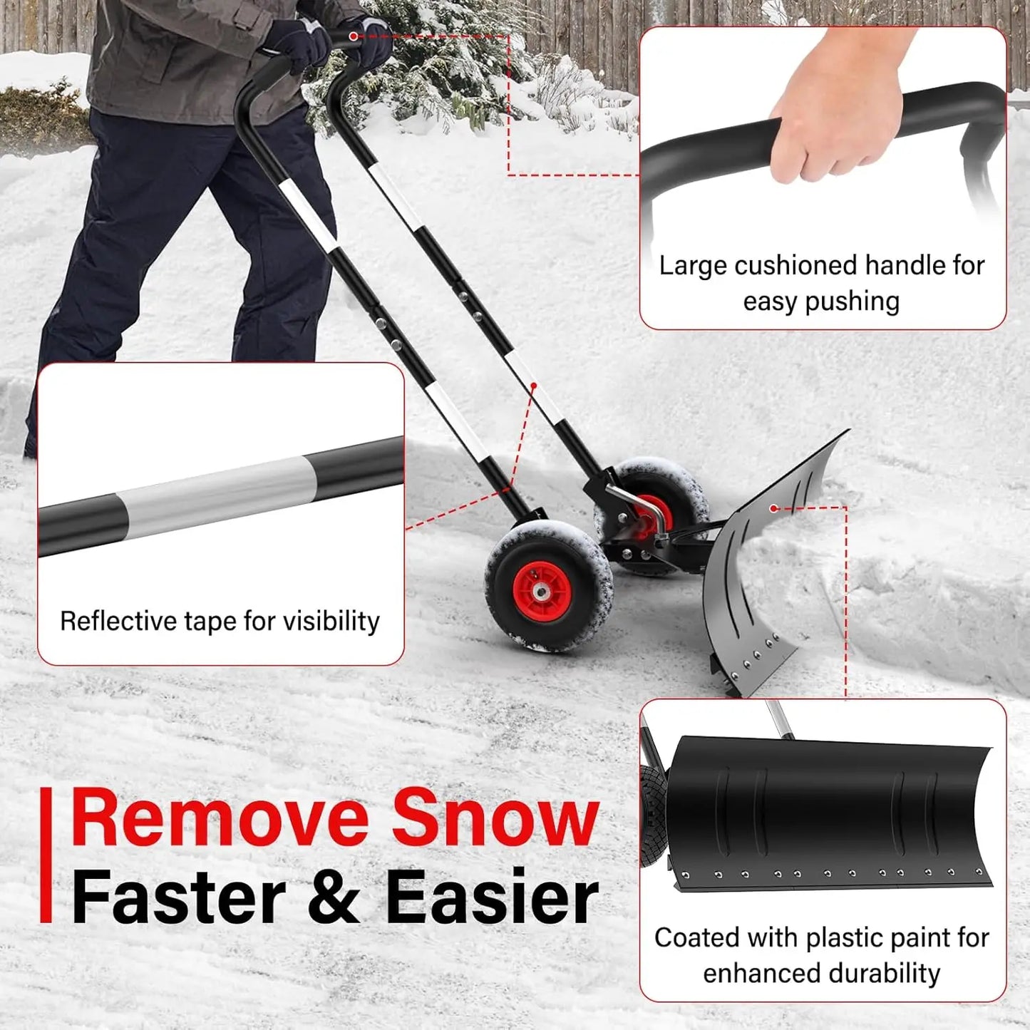 Snow Shovel Pusher With Wheels Heavy Duty Steel Angled Blade