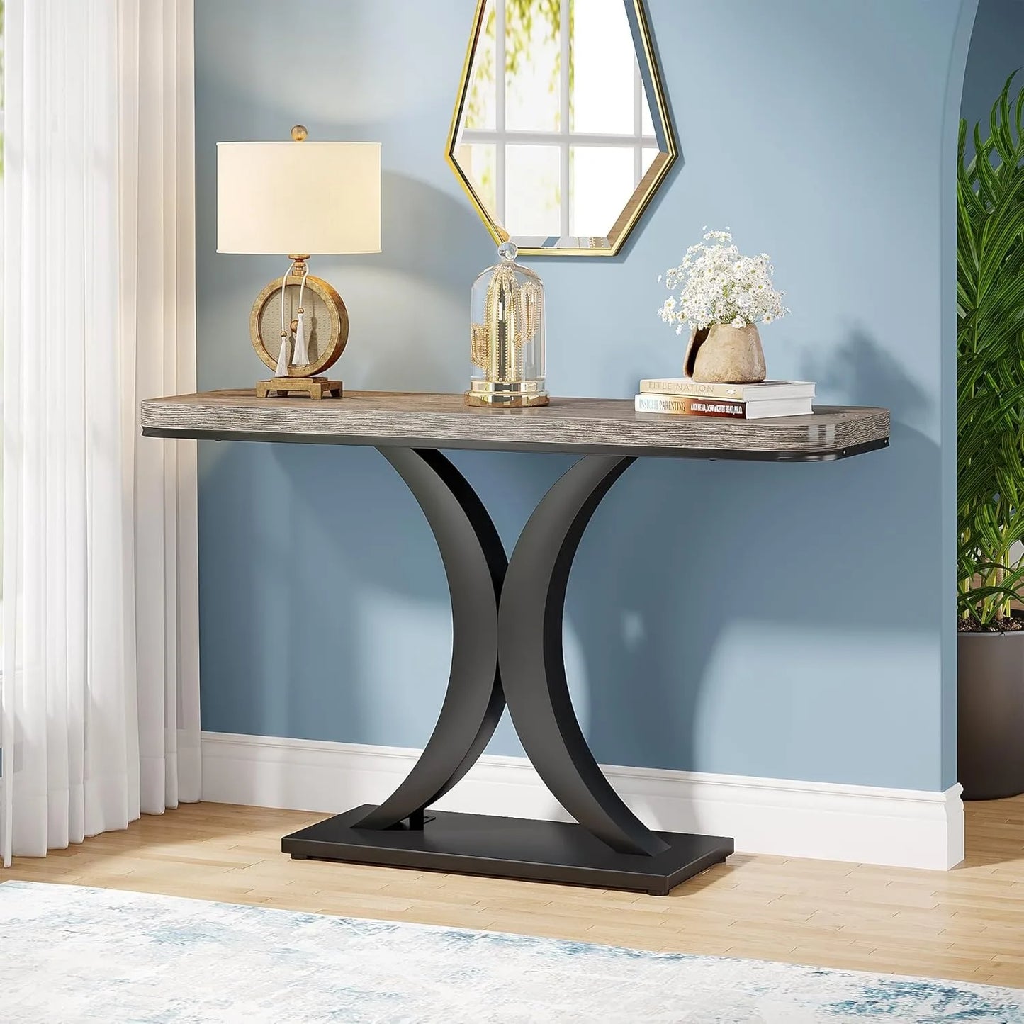 Little Tree Industrial Console Table Geometric Base for Entryway