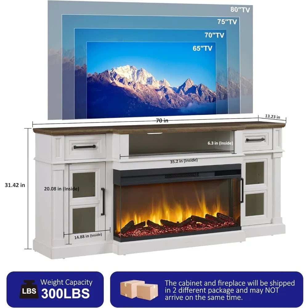 XMSJ 3 Sided Fireplace TV Stand With Electric Fireplace Farmhouse Console