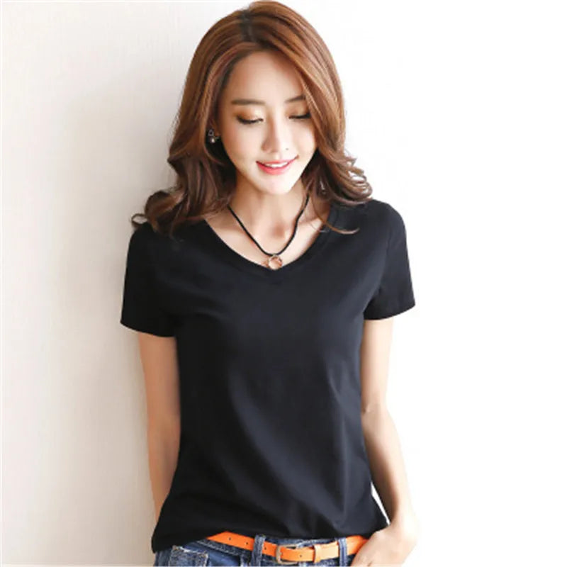 Albeey Cotton V Neck Short Sleeve T Shirt Women Tops
