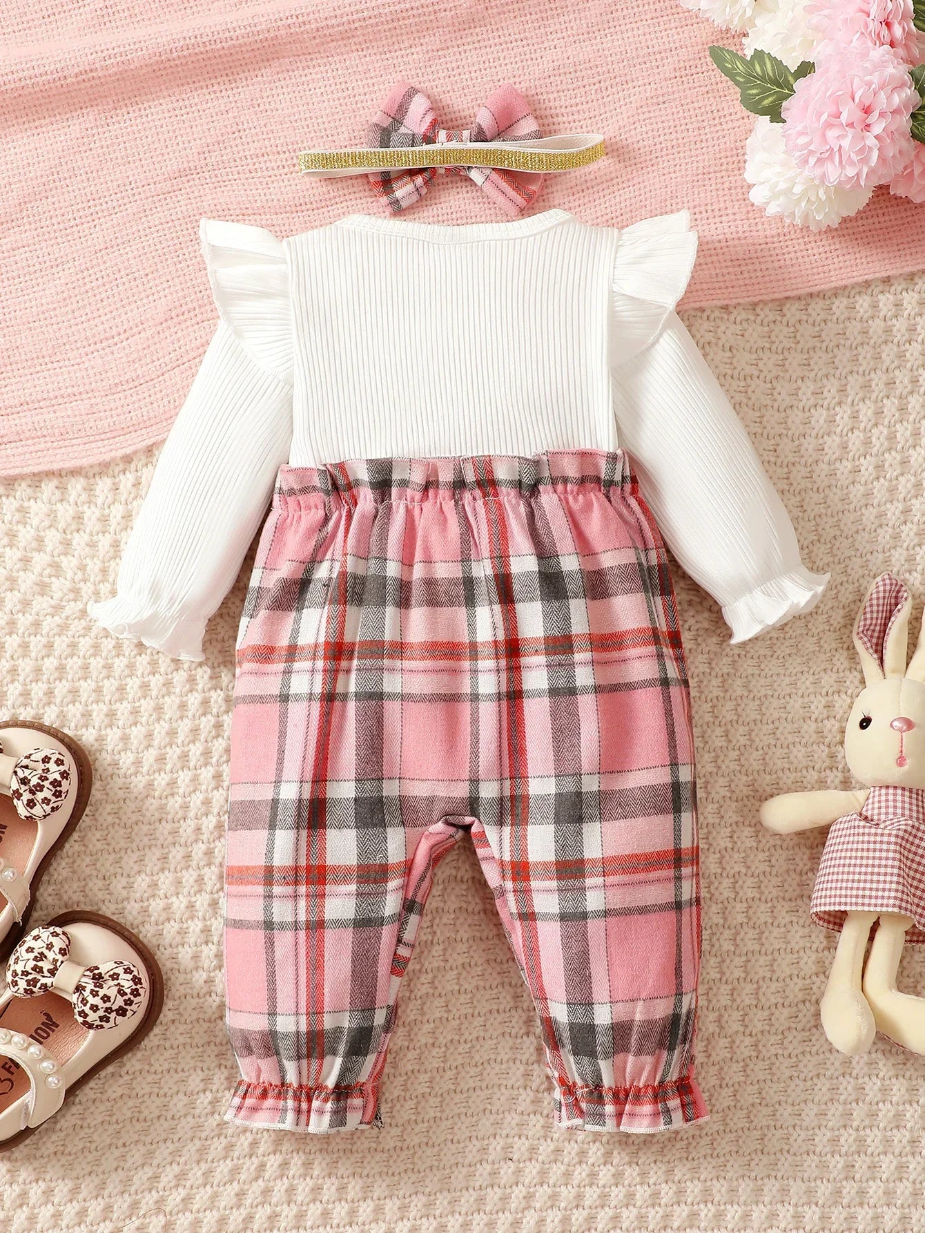 Baby Girl Knit Jumpsuit Headband Set With Long Sleeve