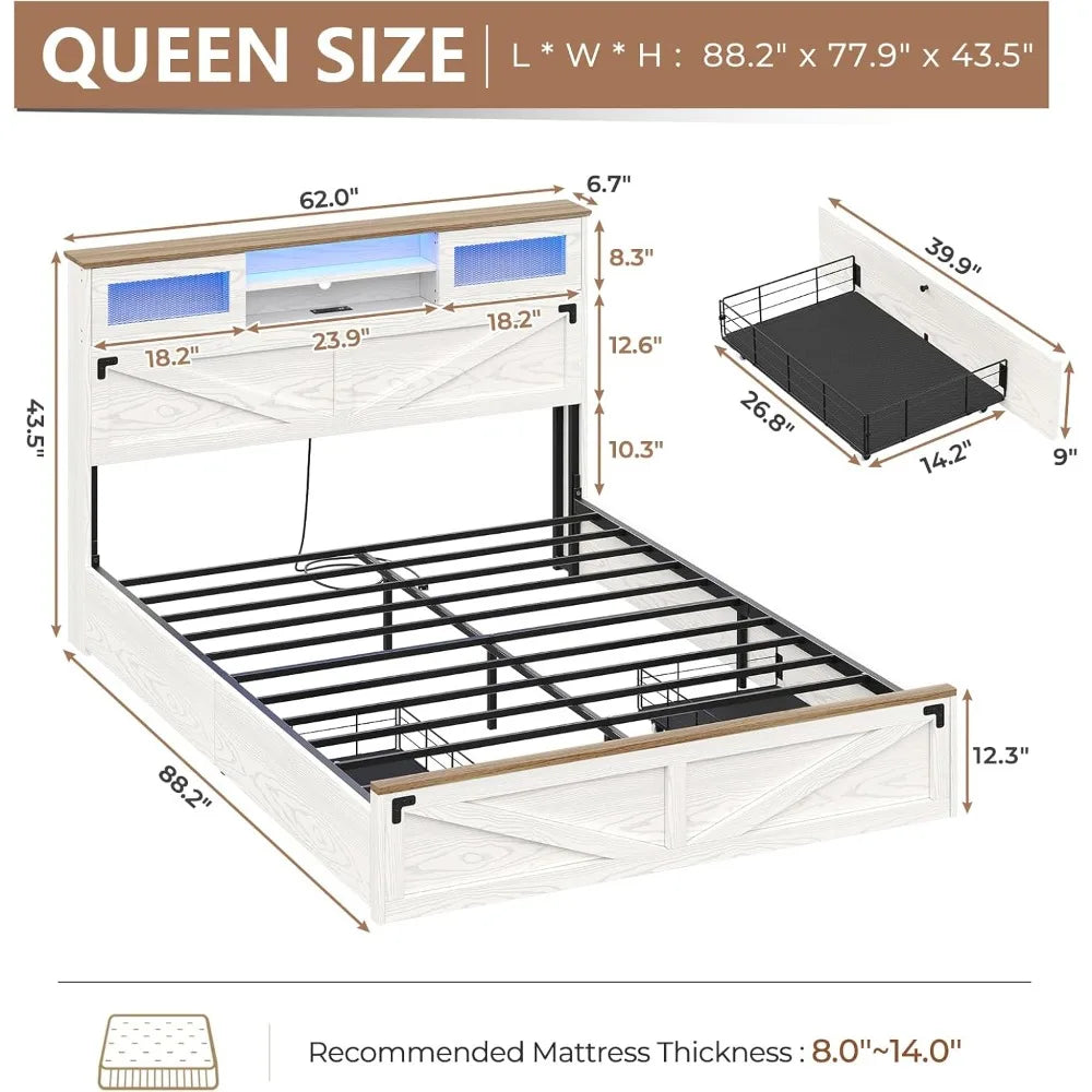 Hignconcerned Farmhouse Bed Frame Queen Bookcase Headboard
