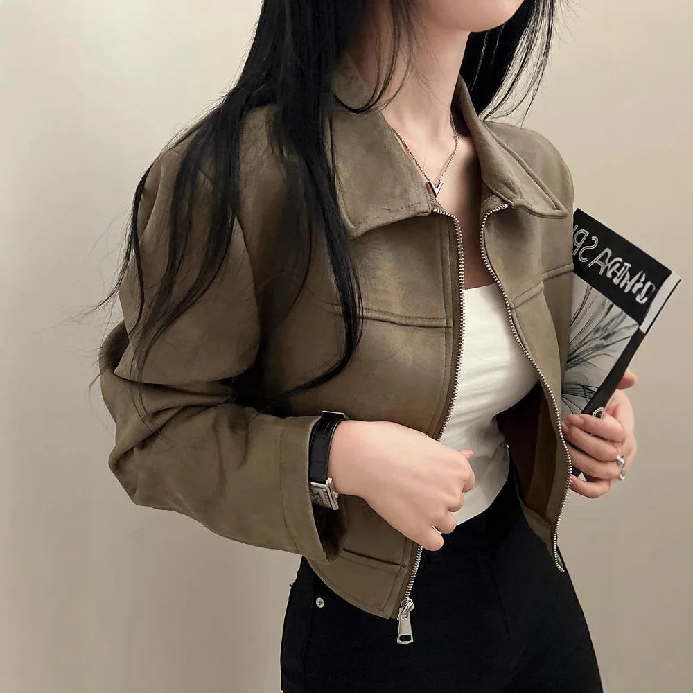 Autumn Women Zipper Jacket Lapel Long Sleeve Casual Outerwear