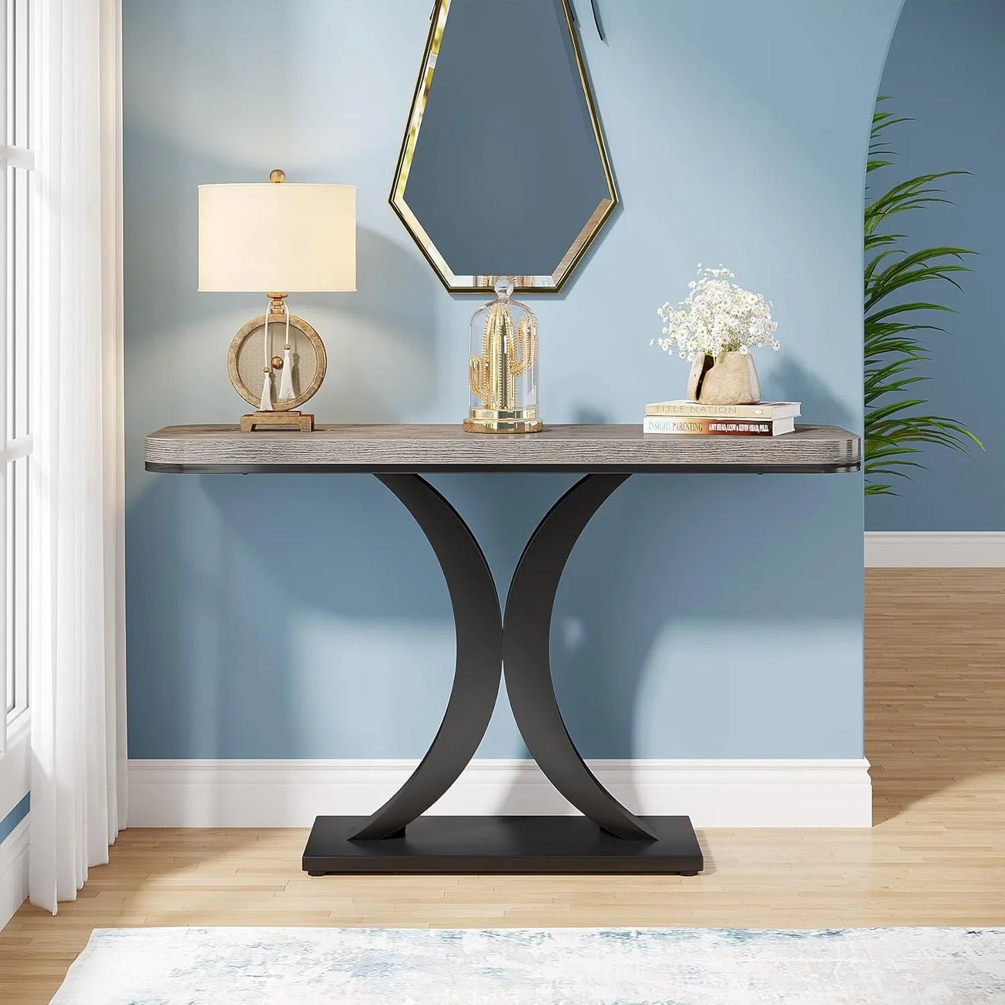 Little Tree Industrial Console Table Geometric Base for Entryway