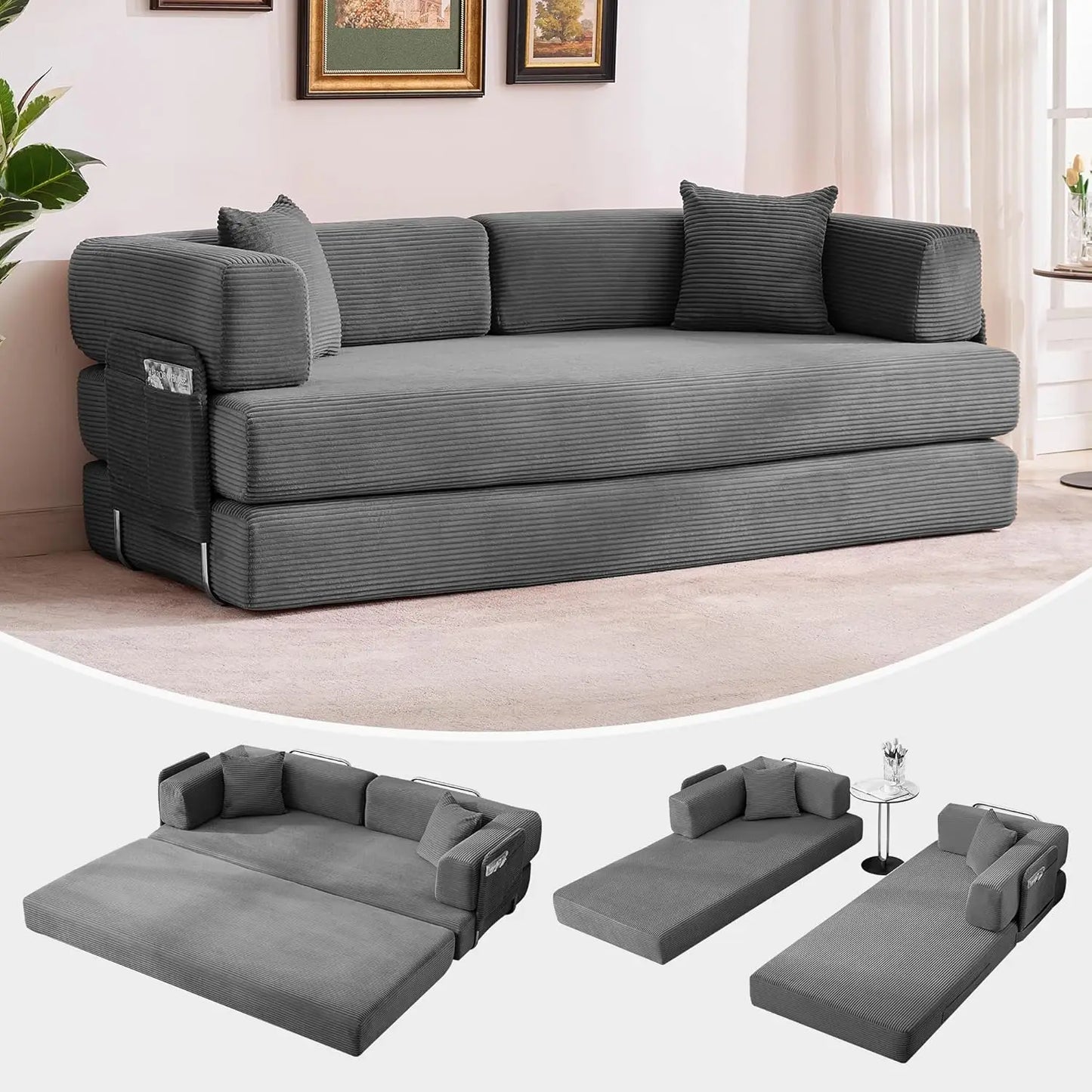 Corduroy Convertible Sleeper Sofa 5 In 1 Fixed Frame