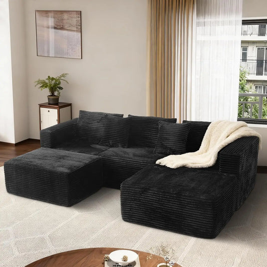Corduroy U Shaped Modular Sofa With Two Ottomans Memory Foam