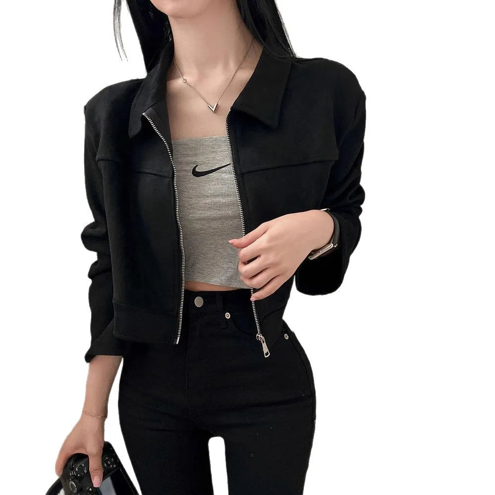 Autumn Women Zipper Jacket Lapel Long Sleeve Casual Outerwear