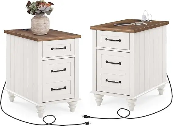 Set of 2 Farmhouse End Tables With Charging Station Drawer