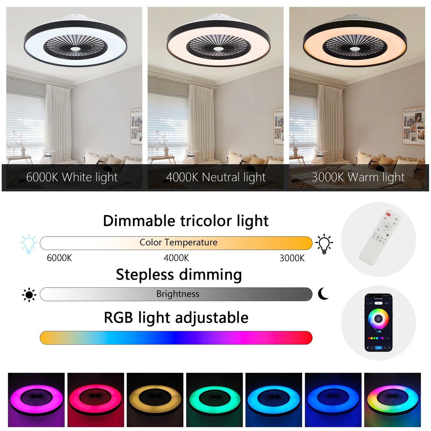 ARLGSITE Smart Ceiling Fan with LED RGB Dimmable Remote App