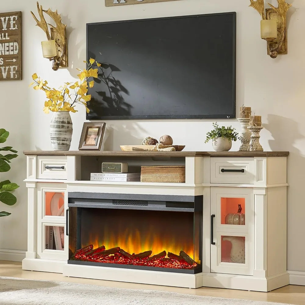 XMSJ 3 Sided Fireplace TV Stand With Electric Fireplace Farmhouse Console