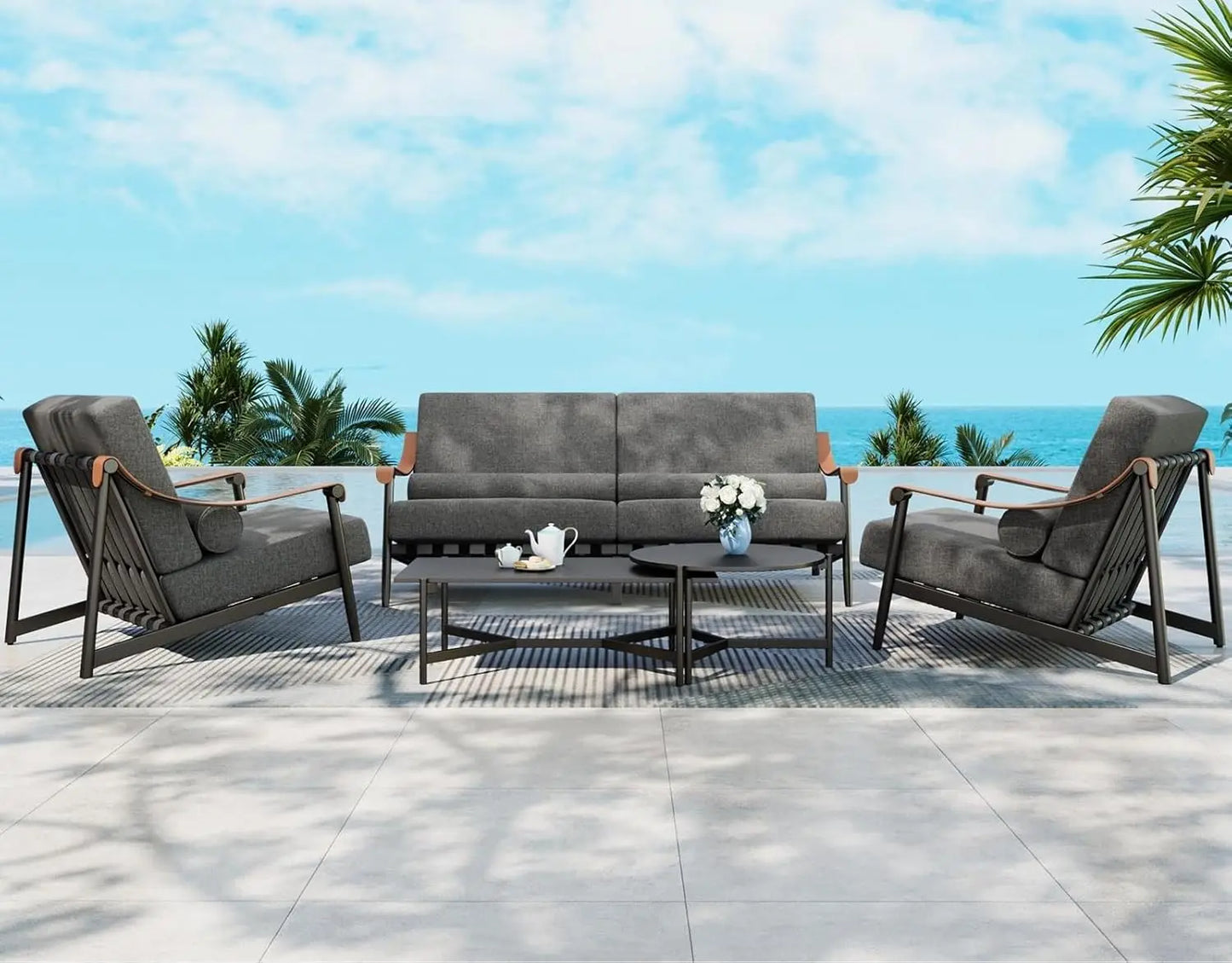 Five Seat Patio Set With Olefin Textilene Backrest Coffee Table