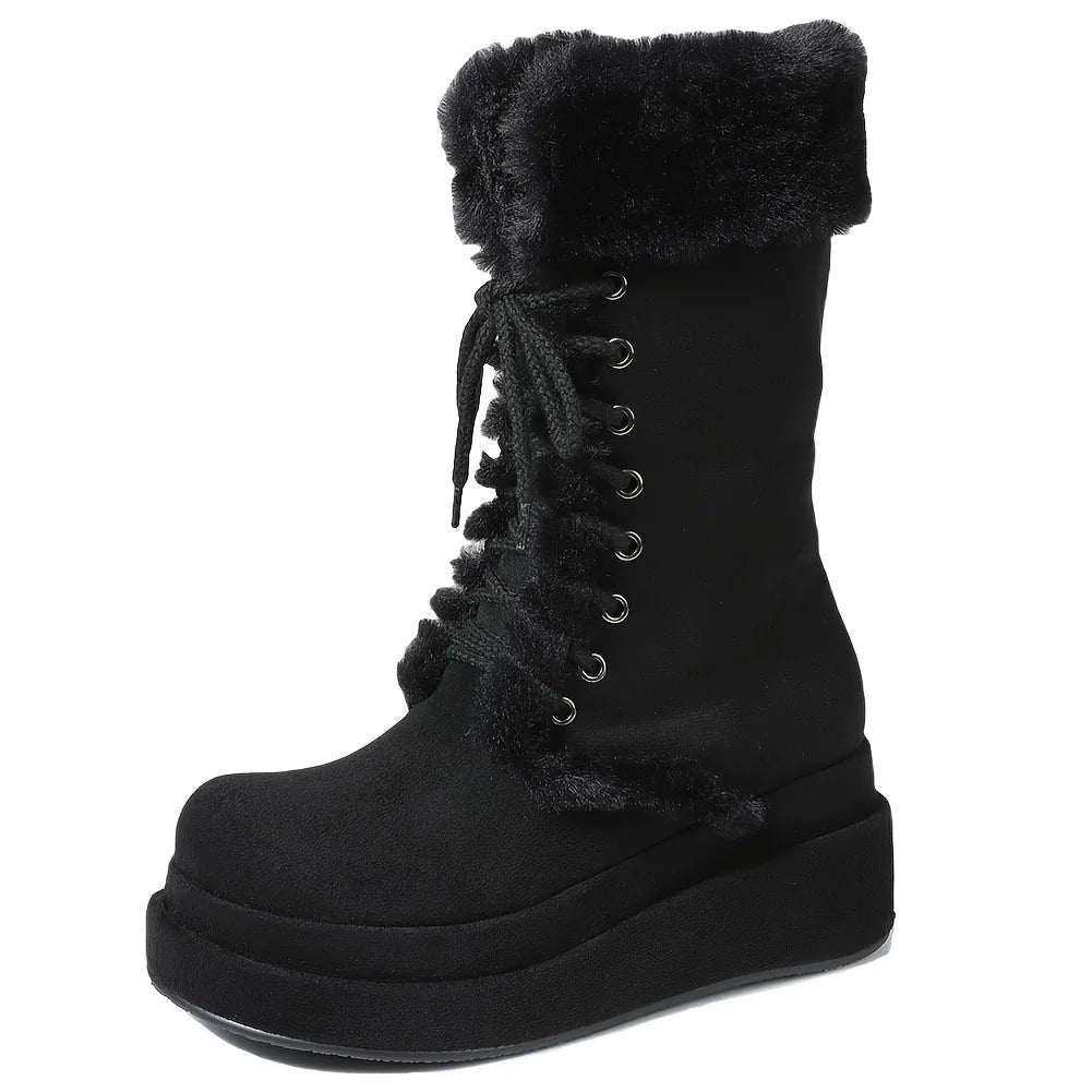 Women Winter Faux Fur Mid Calf Snow Boots Platform Wedges