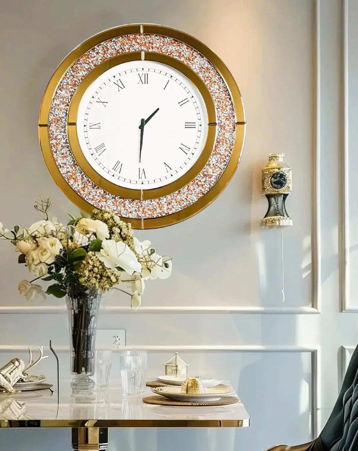 Crushed Diamond Round Mirrored Wall Clock Decorative Home Accent