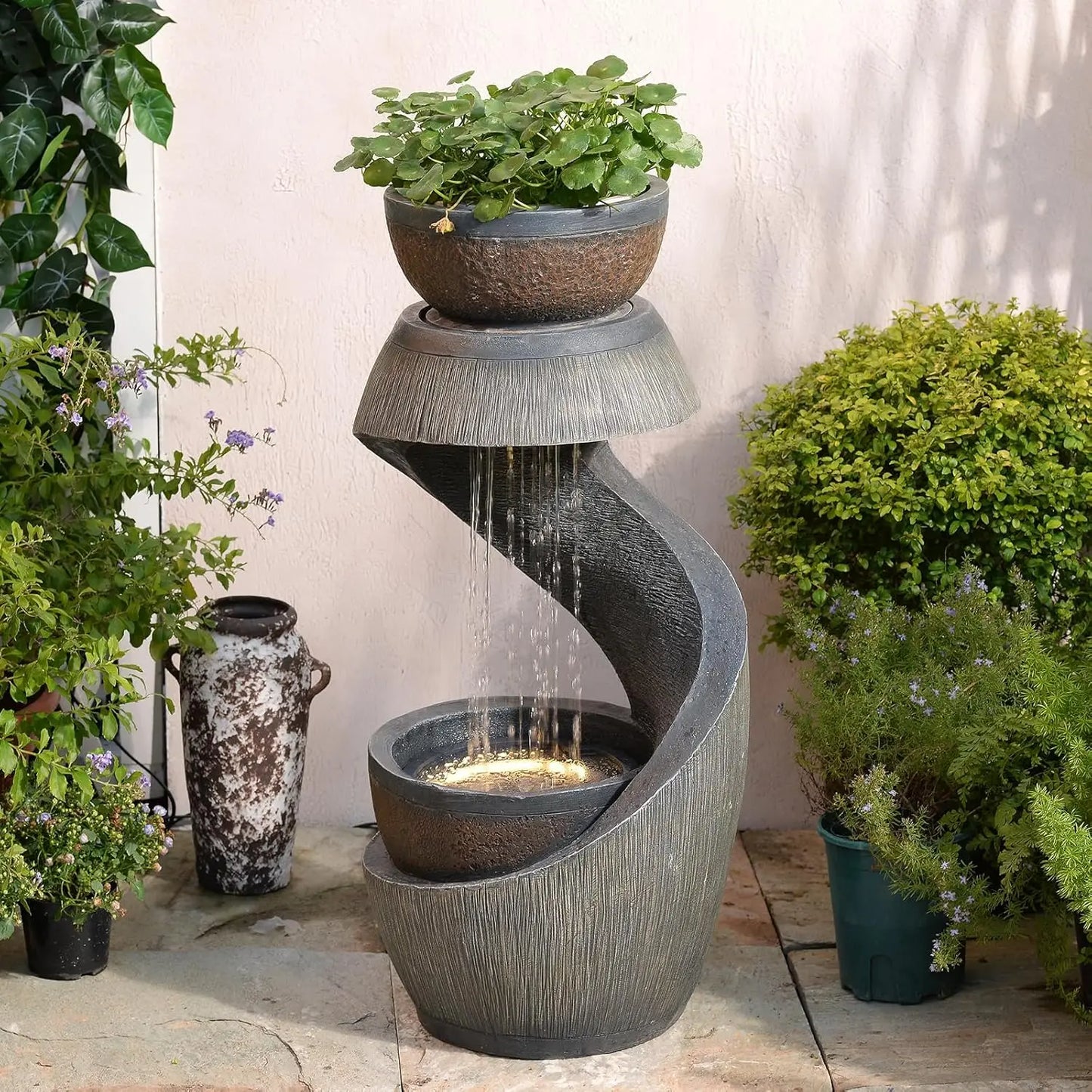 XMSJ Waterfall Fountain Outdoor Garden With Bowl Planter
