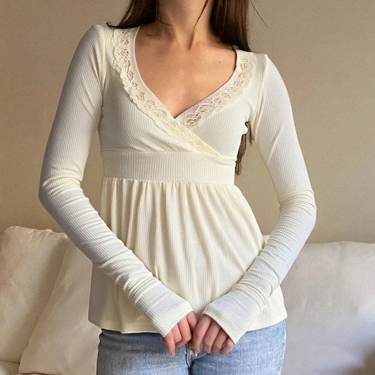 Hirigin Lace Trimmed Long Sleeve Wrap Blouse For Women