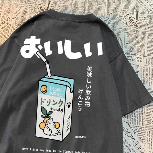 Hampson Lanqecn Cute Japanese Cat Print Tee Shirt Casual