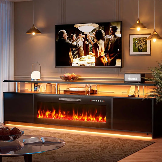 Electric Fireplace TV Stand With LED Lights And Charging Station