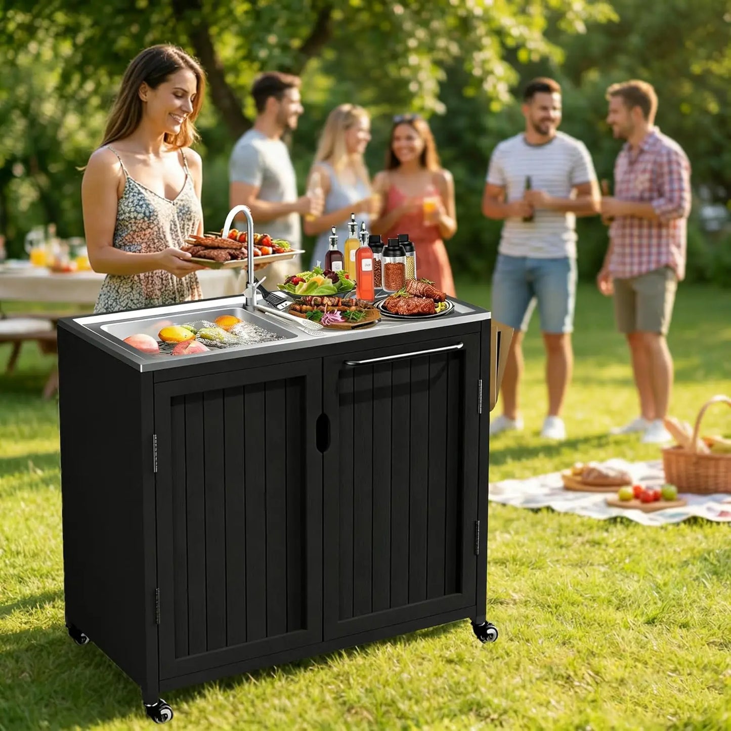 Outdoor Kitchen Island With 304 Stainless Steel Sink And Storage