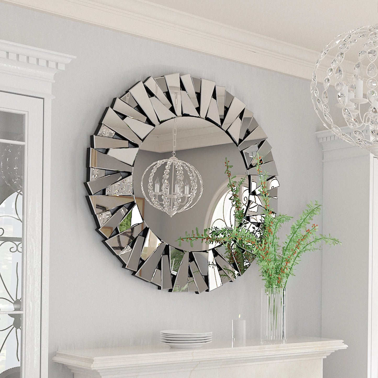 Wisfor Sunburst Round Mirror Wall Decor Modern Silver Glass