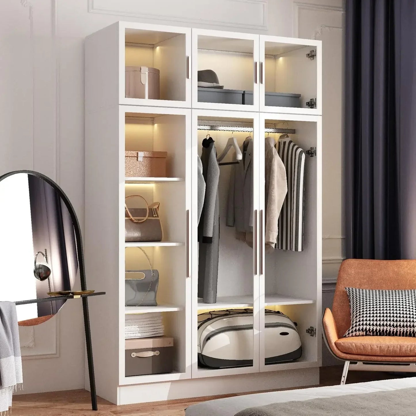 XMSJ Bookcase Bookshelf With LED Lights And Glass Doors
