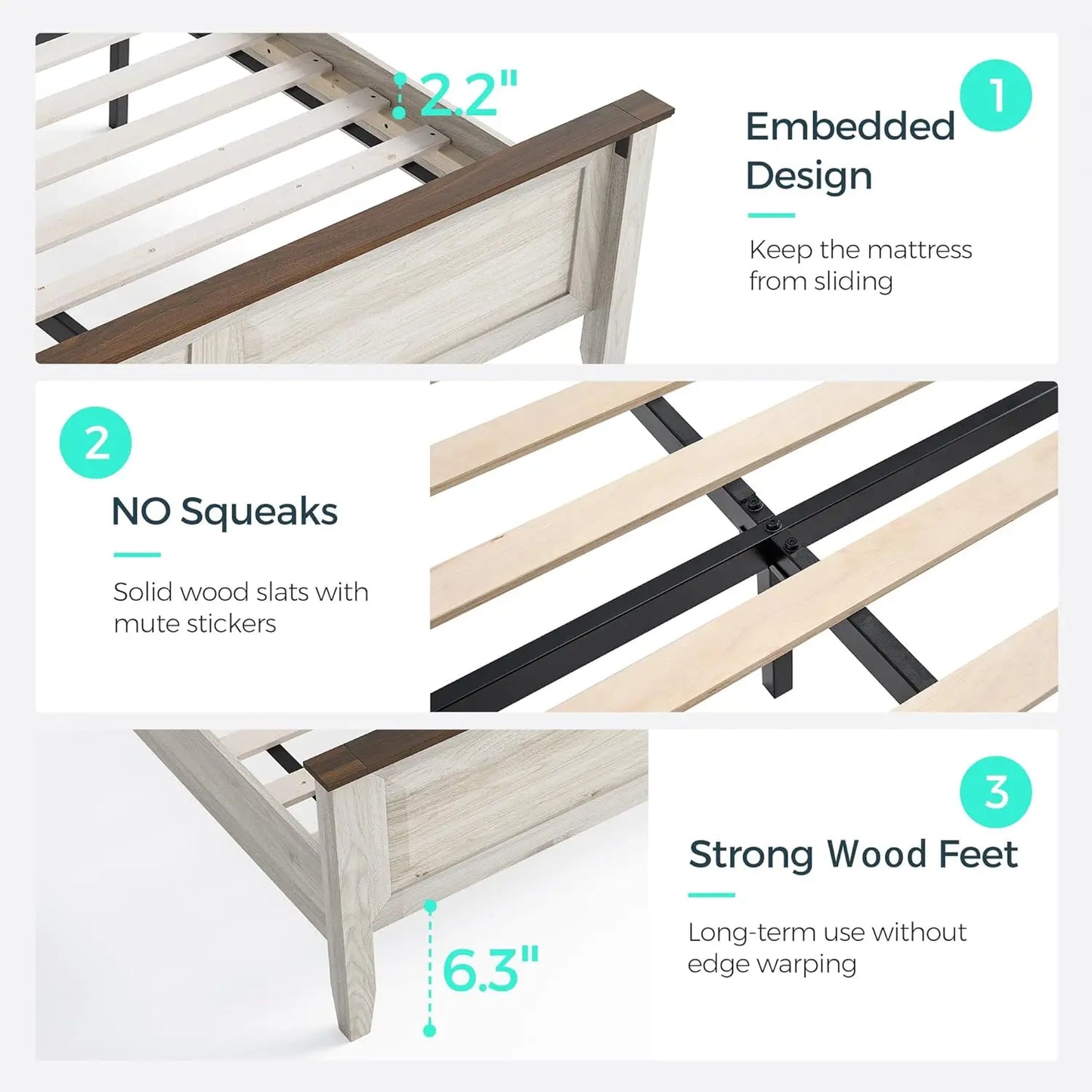 Hignconcerned Farmhouse Wooden Bed Frame With Solid Slats