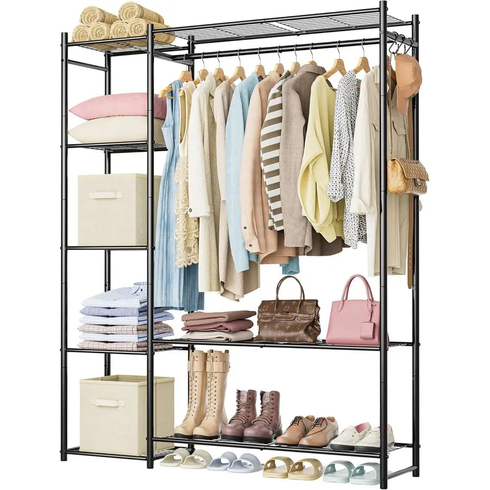 4 Tier Portable Clothes Rack With Hanging Rod For Home