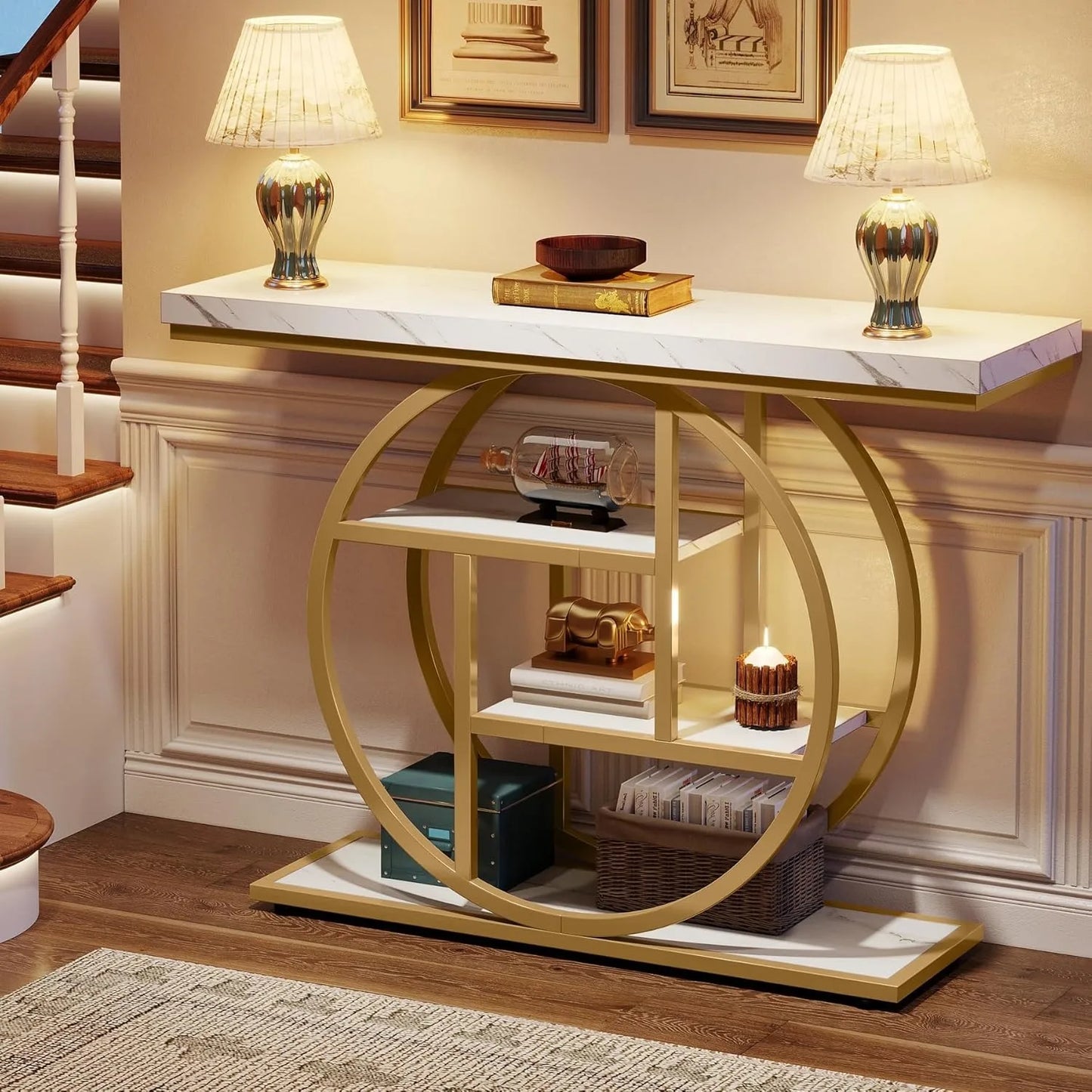 LITTLE TREE Industrial 4-Tier Console Table With Storage Shelves
