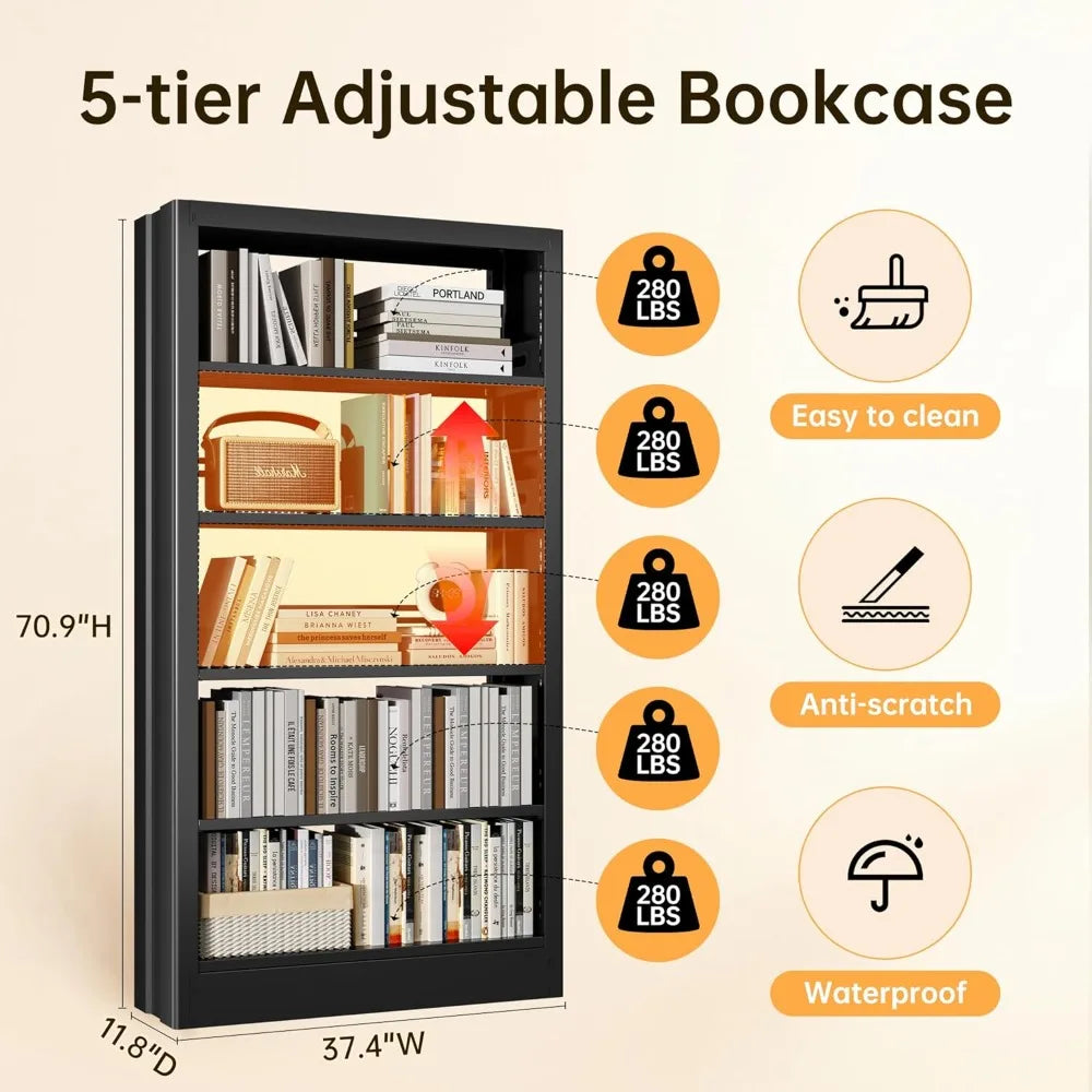 DAFIFY 5 Tier Metal Bookcase With Adjustable Shelves