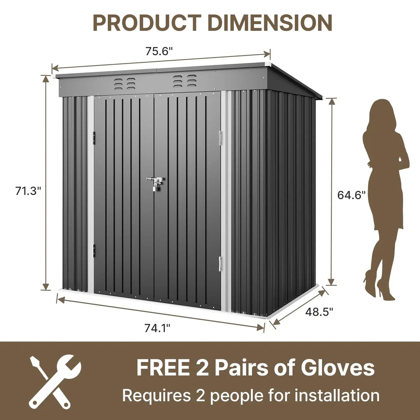 Outdoor Metal Storage Shed With Double Lockable Doors