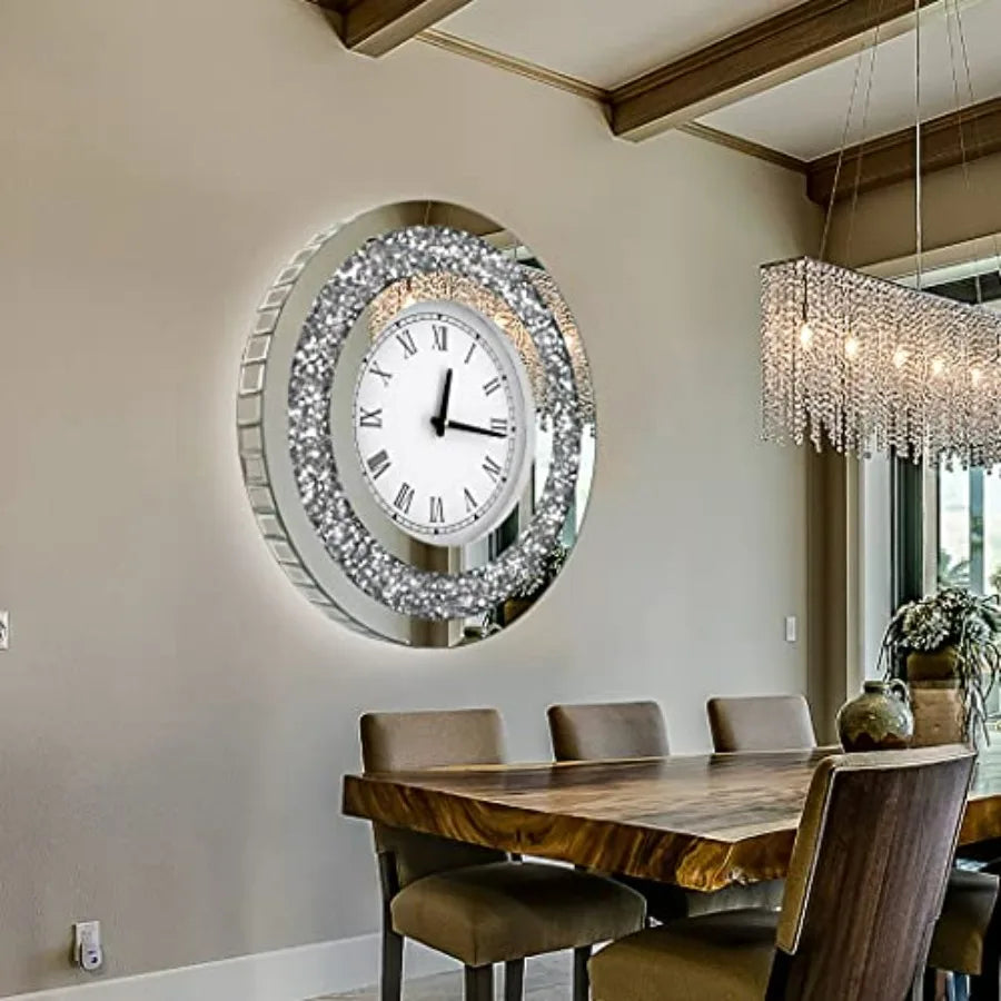 Silver Round Mirror Clock Crystal Sparkle Wall Decor