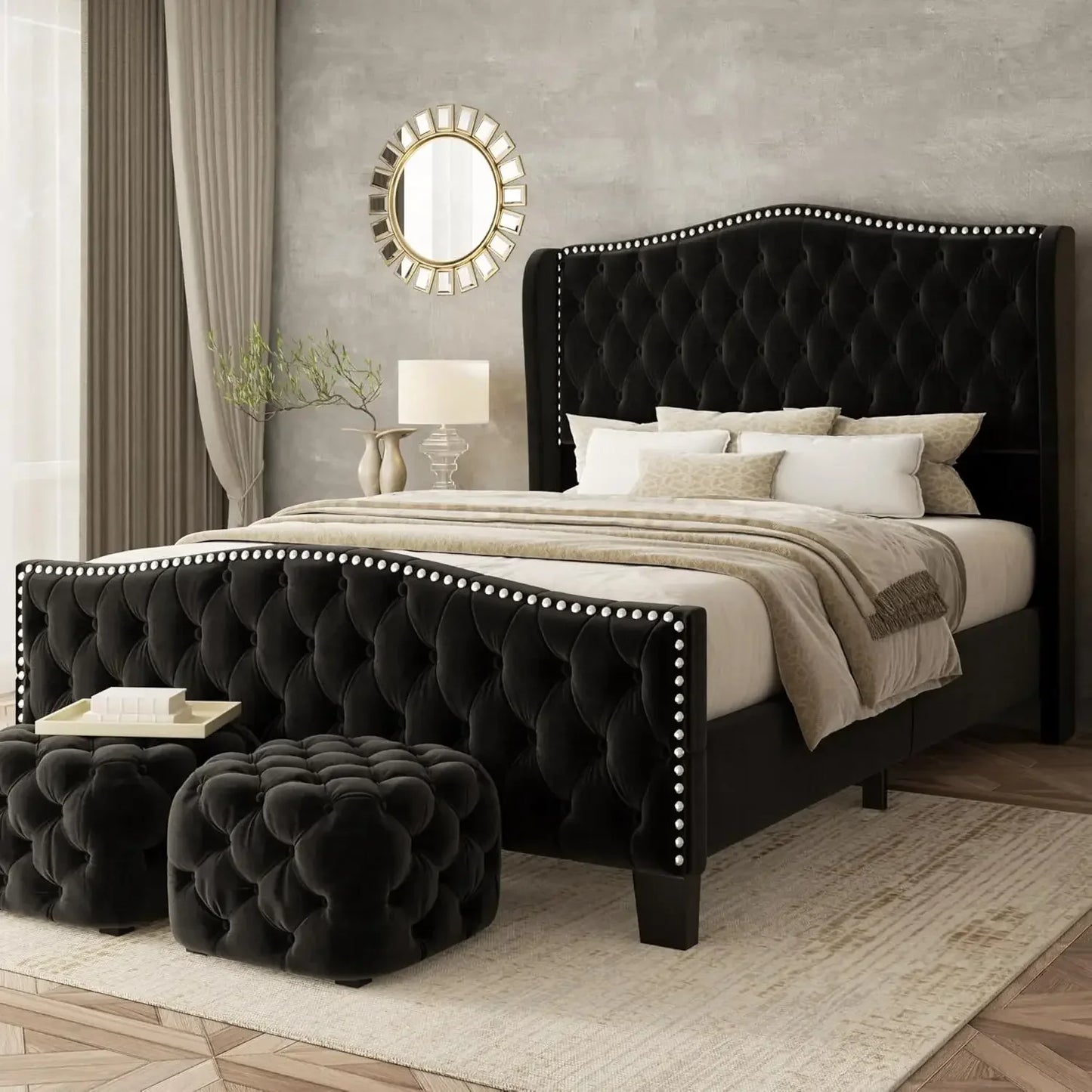 Platform Bed Frame With Upholstered Wingback Headboard