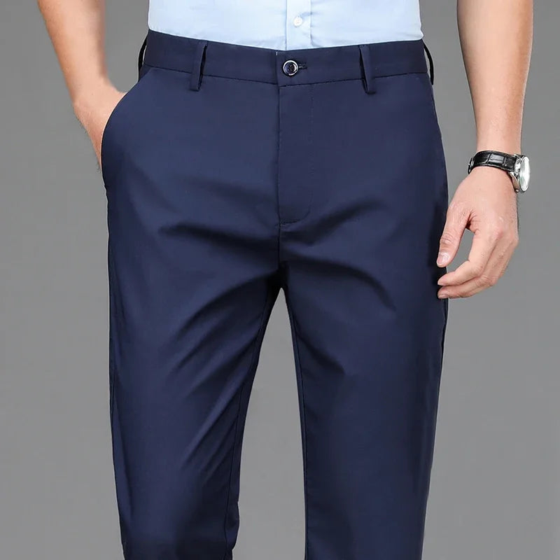 Mens Stretch Trousers Korean Straight Leg Office Quick Dry Pants