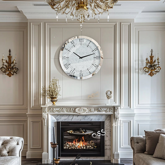 Mirrored Round Wall Clock Crystal Diamond Beveled Glass