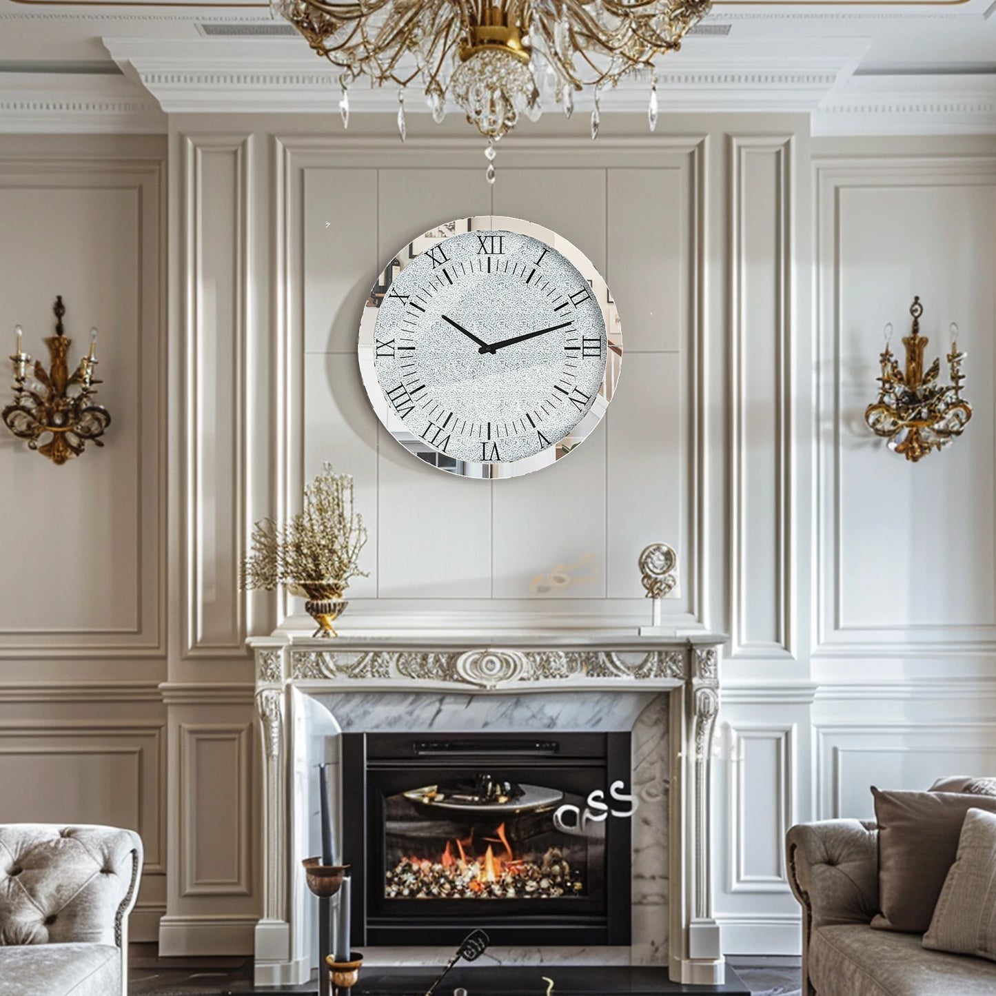 Crystal Diamond Mirrored Round Wall Clock Beveled Glass