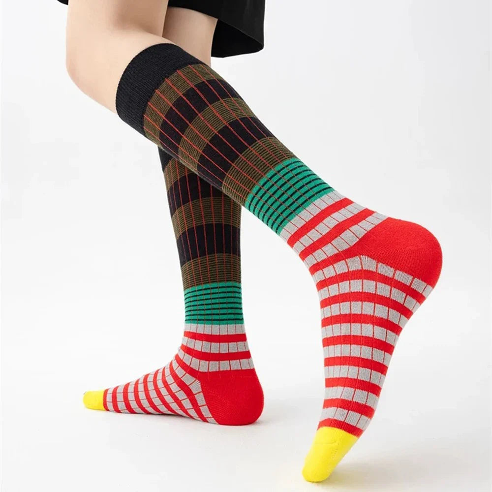 NONECN Gradient Striped Calf Socks Women Cotton High Tube